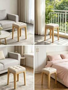 1pc Solid Wood Button Tufted Square Stool, Soft Padded Ottoman Stool, Modern Minimalist Vanity Chair, Multi-Functional Entryway Shoe Bench, Suitable For Living Room Bedroom Home Furniture - Beige - View 5