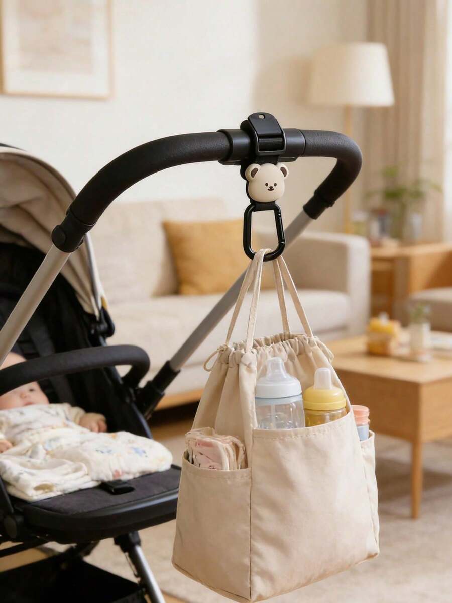 Gancho de Cochecito de Bebé con Diseño de Oso de Dibujos Animados - Hebilla Cuadrada de Correa, Adecuado para Salidas con Bebé, Opción Ideal para Accesorios de Cochecito y Almacenamiento de Accesorios, Estructura Resistente - Multicolor - Ver 1