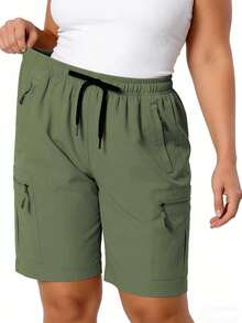 Plus Size Women's Sports Cargo Pants With Multiple Zipper Design, Versatile Solid Color All-Match Pants. Outdoor Sports Shorts. Women's Bottoms Summer - Army Green - View 2