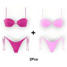 Women's Glossy String Bikini Set Soild Swimsuit Women's Fashion Bikini Green Halter Sport Swimsuit Beach Vacation Low Cut Shiny - 紅+粉 - 查看 6