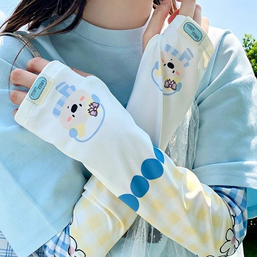1對可愛印花卡通軟妹風夏季防曬冰絲涼感手臂套 - A - 查看 1