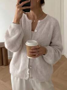 Women's Solid Color Round Neck Button Knit Cardigan, Loose Lazy Pullover Sweater, Elegant Round Neck Button Front Knit Sweater Jacket Fall - Beige - View 4