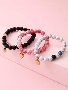 Heart Connecting Beaded Bracelet Pack, Marble Pattern Natural Stone Bead Elastic Wristbands, Best Matching Friendship Jewelry For 3 Friends - Multicolor - View 3