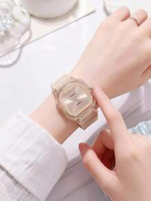 1 pieza Reloj de pulsera cuadrado minimalista casual y económico con correa de silicona para mujer, adecuado para uso diario - Beis - Ver 6