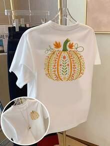 T-shirt con stampa frontale e posteriore, autunnale, motivo zucca, girocollo da donna, manica corta casual, vestibilità comoda, stile classico, articolo alla moda, top da donna con - Bianco - Visualizzare 2