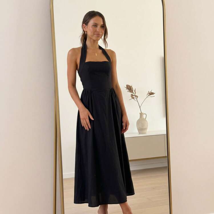 shein black halter dress Women's Neck Midi Dress, Sleeveless A-Line Casual Summer sleeve: short sleeve