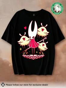 New Arrival 2026: Hollow Knight Silksong Hornet Heart Bug Oversized Cotton Graphic T-Shirt, Kawaii Style, For Men And Women, Streetwear For Game Fans - 黑色 - 查看 1