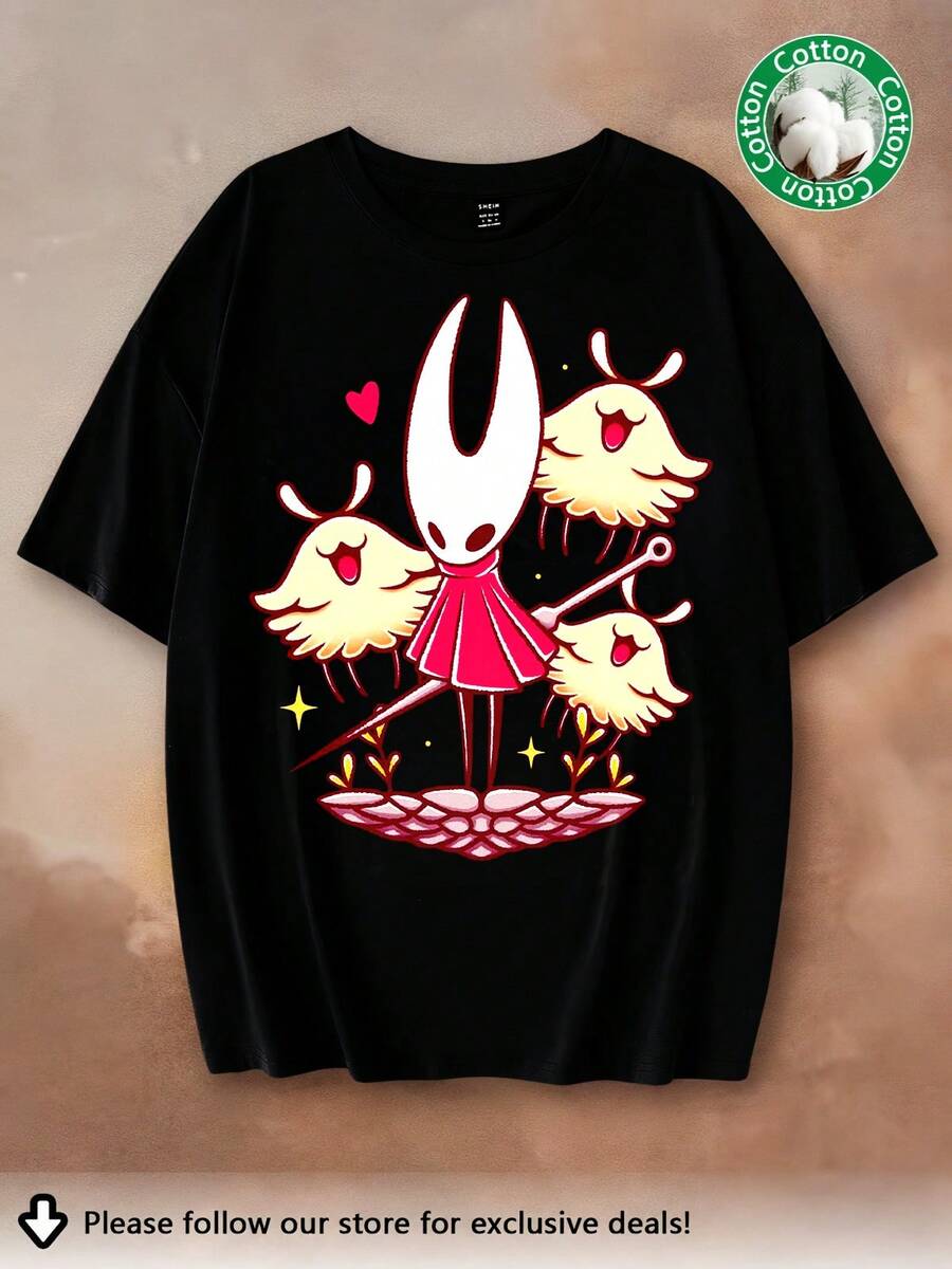 New Arrival 2026: Hollow Knight Silksong Hornet Heart Bug Oversized Cotton Graphic T-Shirt, Kawaii Style, For Men And Women, Streetwear For Game Fans - 黑色 - 查看 1