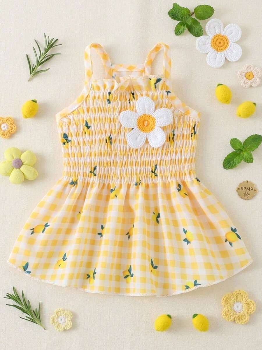 PETSIN Refreshing Pet Lemon Plaid Suspender Dress, Yellow Ruched Sleeveless Sweet Tank Dress For Small Dogs & Cats - White - View 1