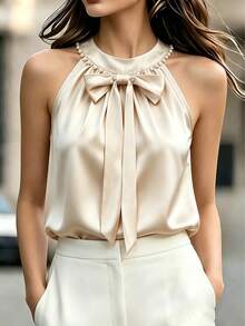Vuslat Women's Spring/Summer Elegant French Champagne Satin Sleeveless Pearl Bow Tie Short Blouse Shirt, Suitable For Holiday Outfits, Summer Vacation Outfits, Parties, Graduation Ceremonies, Wedding Guests, Office Wear, Summer Outings, Independence Day - Champagne - View 3