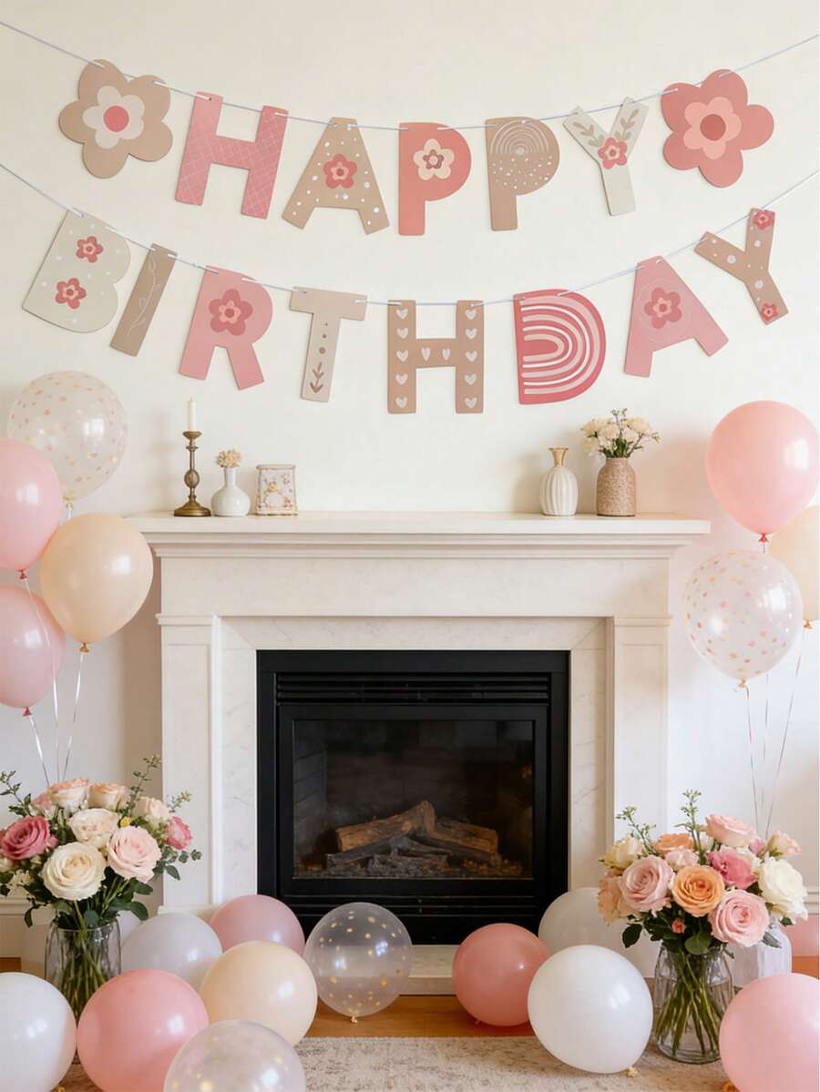 1套花卉主題生日快樂橫幅，花卉生日派對裝飾旗幟，生日派對背景裝飾橫幅，花卉生日掛飾，居家裝飾，生日牆面掛飾，花卉生日派對裝飾，春夏生日裝飾，生日派對用品，生日禮物
