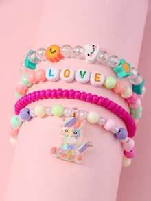 4pcs/Set Girls Cute Unicorn Pendant Bracelet Set, Suitable For School, Daily Wear And Festivals, Random Colorful Beads - Multicolor - View 8