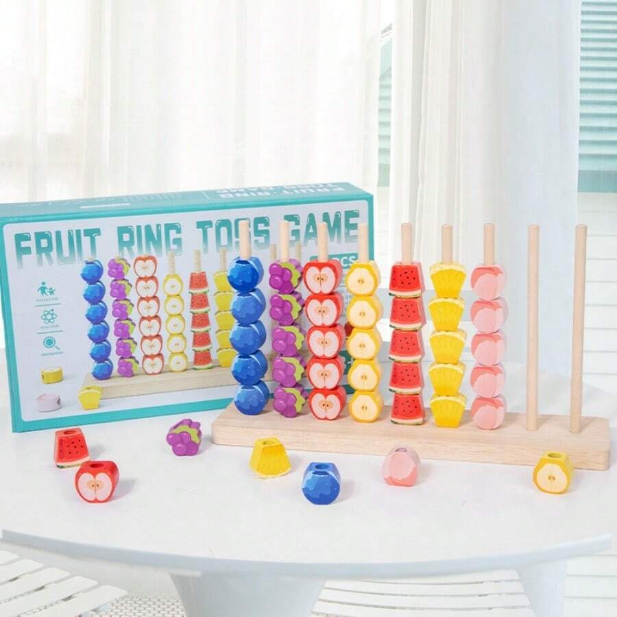 Juguete de apilamiento de cuentas de frutas de madera, juguete educativo para niños, aprendizaje temprano para bebés, entrenamiento de concentración, coordinación mano-ojo, juego de ensartar cuentas, cuentas grandes, ayuda de enseñanza Montessori para bebés y niños pequeños, reconocimiento de colores, bloques de clasificación y emparejamiento de frutas, juego de mesa de interacción entre padres e hijos, regalo para niños y niñas