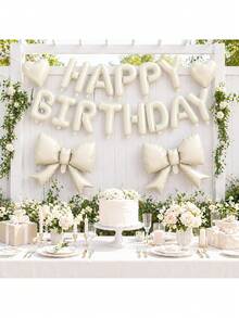 20 Stücke und 15 Stücke Set cremeweiße Happy Birthday Banner + 21-Zoll cremeweiße Schleifenballons + 18-Zoll herzförmige Folienballons, geeignet für Mädchen, Geburtstagsdekoration für Frauen, Prinzessinnen-Stil Partydekoration, cremefarbene Geburtstags-Themen-Partydekoration Ballons - Geburtstag - View 9