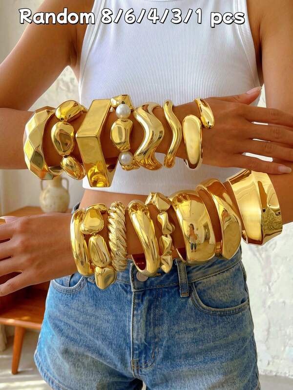 BOHO Vintage Fashion Elegant Bohemian Beach Vacation Style Random 8/6/4/3/1pcs Women's CCB Golden Open Bangle Set Geometric Irregular Exaggerated Wide Hammered Textured Wavy Oblique Minimalist C-Shaped Water Drop Bangle Stacked Thick Faux Pearl Round Bead Elastic Bangle Bracelet Set Suitable For Women And Men Summer Beach Vacation Party Date Gift Daily Wear Versatile Jewelry Ideal Gift Choice (Random Shipping)