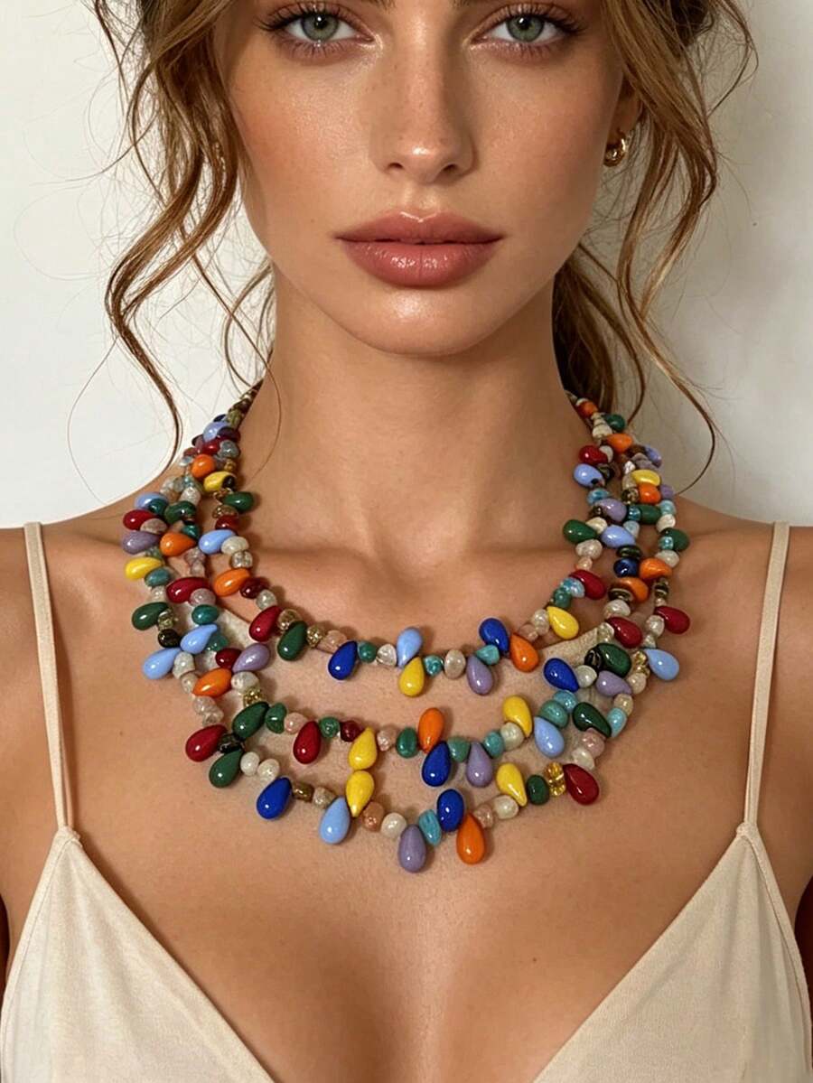 1pc Summer Fresh Ins Niche Luxury Dopamine Handmade Beaded Asymmetrical High-End Vacation Necklace - Dopamine Necklace - View 1