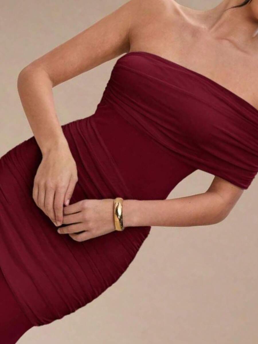 Vestido largo, plisado, transparente y sexy de color albaricoque sólido para mujeres, vestidos de verano para mujeres - Burdeos - Ver 1