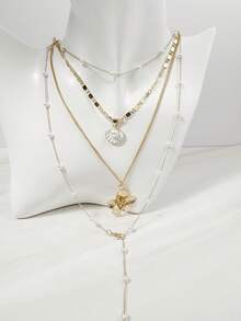 4pcs/Set Bohemian Style Metal Zinc Alloy Resin Faux Pearl Flower Pendant Necklace Set, Suitable For Women's Daily Wear, Niche Gift - 32824-nek-g-eP - View 5