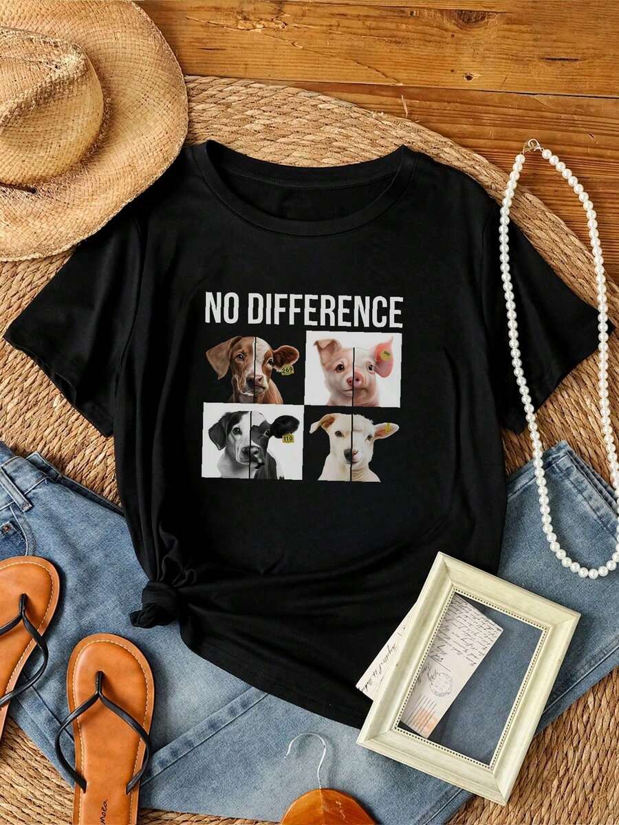 Women T-Shirt Print Vegan Tee Shirt Unisex Activism Tee-Shirt Dog Calf Pig Sheep No Difference Tshirt Veganism Activist Animal Liberation T-Shirt Gift - Black - View 1