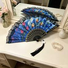 1件哥德風油畫花卉蕾絲折疊手扇附流蘇，復古便攜扇，適合夏季、派對、Cosplay與旗袍，4款可選 - 花朵類蕾絲折扇 - 查看 7