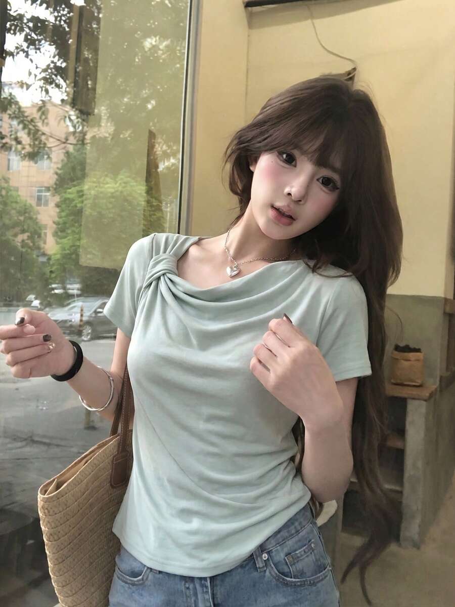 小巧香港風結飾不對稱甜美百褶修身短袖T恤休閒款 - 綠色 - 查看 1