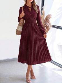 PRETTYGARDEN Women's Spring Fall Midi Dress Casual Long Sleeve V Neck Swiss Dot Pleated A Line Flowy Dresses New Years Party Valentine Vacation Dresses For Women - 深酒紅 - 查看 1