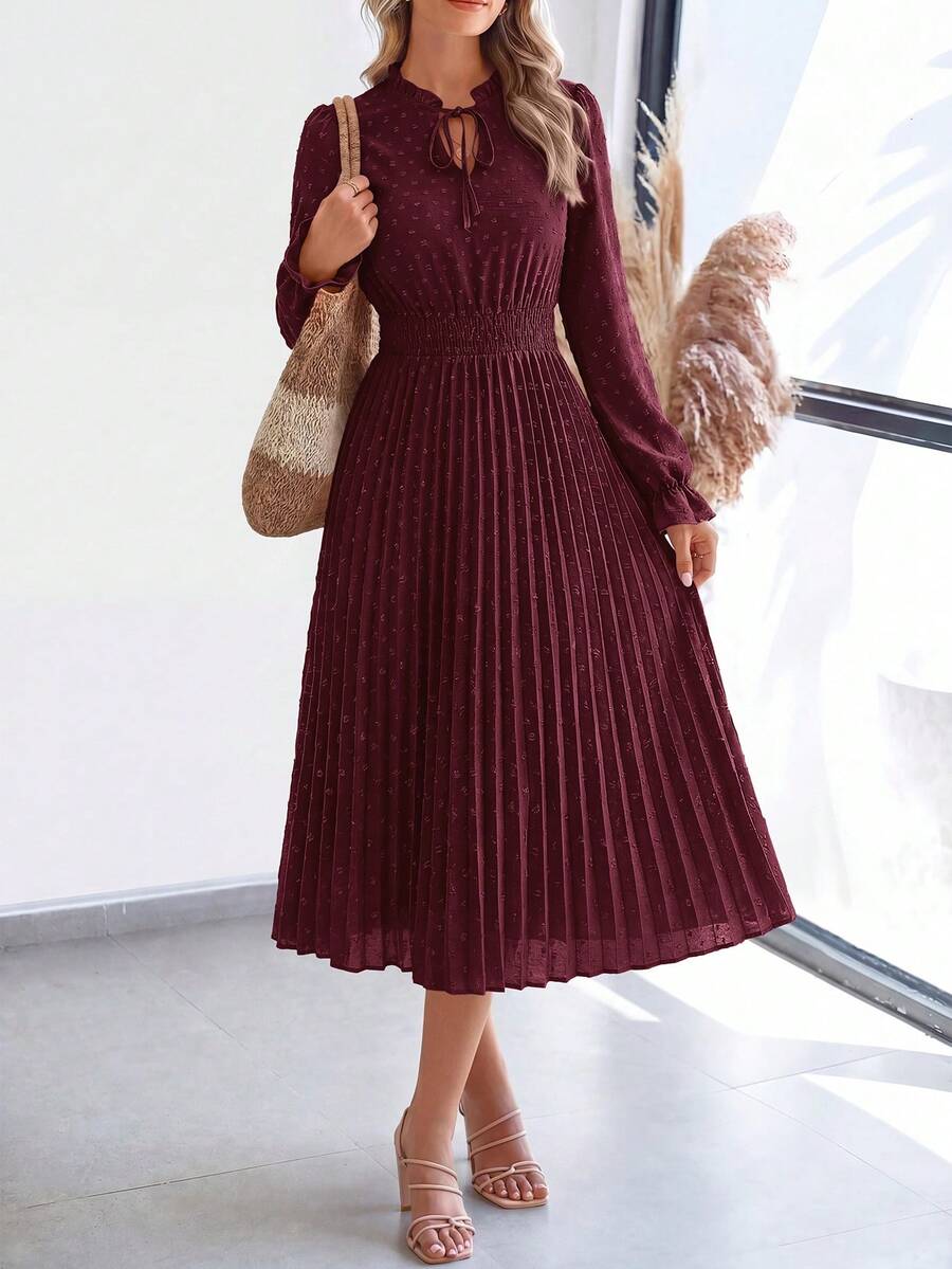 PRETTYGARDEN Women's Spring Fall Midi Dress Casual Long Sleeve V Neck Swiss Dot Pleated A Line Flowy Dresses New Years Party Valentine Vacation Dresses For Women - 深酒紅 - 查看 1