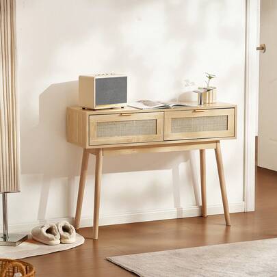 Console en rotin avec 2 tiroirs de rangement, table d'entrée en rotin avec porte coulissante en rotin naturel, table console pour salon, bureau, entrée ou mur TV, naturel