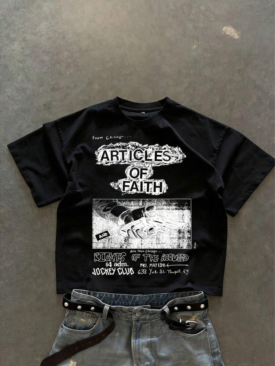 1 Pcs Casual 100% Cotton Black Crew Neck Short Sleeve T-Shirt, Comfort Boxy Fit Retro Chicago Flyer Gun Letter Print, Great For Travel Stage Concert Summer Daily Grunge Aesthetic Graphic Tee - Noir - Voir 1