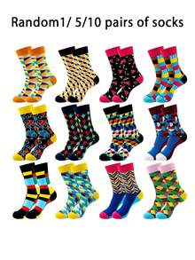 Random/1/5/10 Pairs Colorful Geometric Pattern Mid-Calf Socks, Fun Street Style Breathable Versatile Daily Party Commute Socks, Unisex Fashion Socks Multi-Color Random Mix - Multicolor - View 1