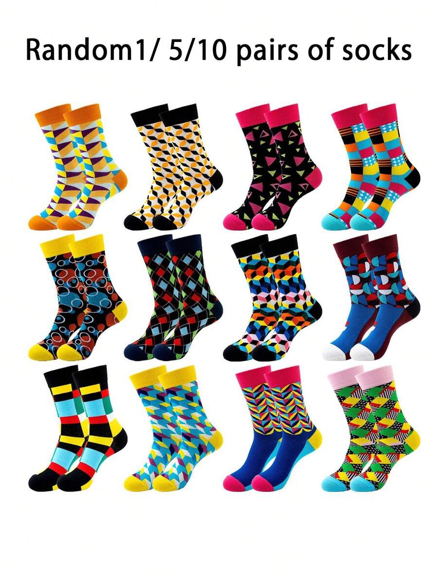 Random/1/5/10 Pairs Colorful Geometric Pattern Mid-Calf Socks, Fun Street Style Breathable Versatile Daily Party Commute Socks, Unisex Fashion Socks Multi-Color Random Mix - Multicolor - View 1
