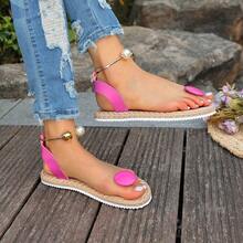 Fashion Women's Pearl Toe-Post Sandals, Summer Roman Style Breathable Flat Shoes, Beach Casual Dual-Scene Wear, Roman Style Pearl Decorated Sandals, Women's Summer Breathable Flat Slides, Suitable For Daily / Beach - Rose Red - View 8