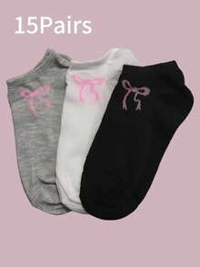 15/30 Pairs Cross-Border Hot-Selling Bowknot Spring/Summer Black White Grey Low-Cut Polyester Boat Socks, Randomly Shipped - Multicolor - View 7