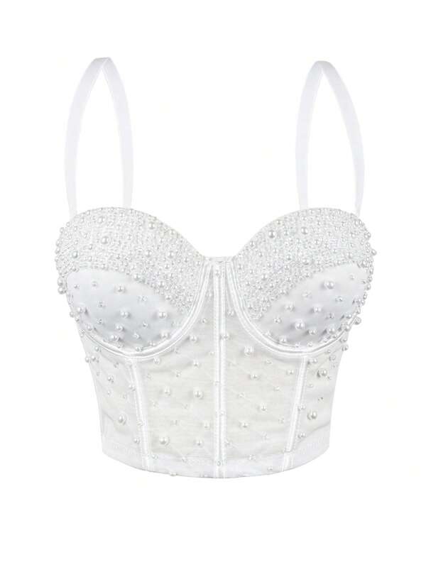 White Pearls Tank Top With Bra Mesh Boned Crop Top Handmade Beading Corset Fashion Design Bustier Top Summer Outdoor Short Top Sexy Elegant Shapewear