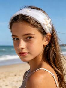 1 pieza Diadema de malla con decoración de estrella de mar linda, accesorio para el cabello de banda ancha antideslizante para niñas en verano, adecuado para la playa, uso casual y regreso a la escuela - Multicolor - Ver 1