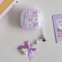 Pink/Silver Drip Glue Bow Wireless Bluetooth Earphone Case Compatible With Apple For AirPods Pro3/4th Generation/3rd Generation Pro/Pro2 Shockproof Bluetooth Earphone Protective Bow Pendant Gift For Girlfriend - Purple - View 8