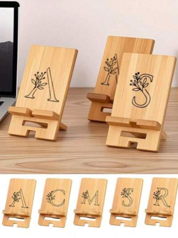 Minimal Natural Bamboo Letter Engraved Phone Stand, Custom Initial Floral Pattern Foldable Wooden Cell Phone Holder, Stable Anti-Slip Portable Desk Support, Personalized Keepsake Gift, Suitable For Office Bedroom Study Cafe Video Call Reading Live Streaming Scenes