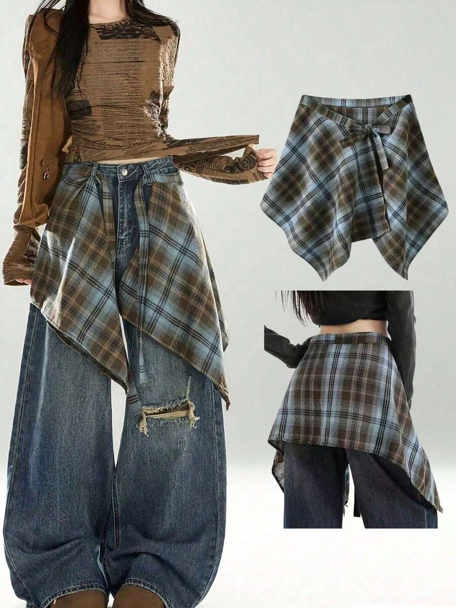 1pc Drawstring Waist Integrated Decor High Waist Tie Ruffle Skirt/Summer Vacation Outfit School - Multicolor - View 1