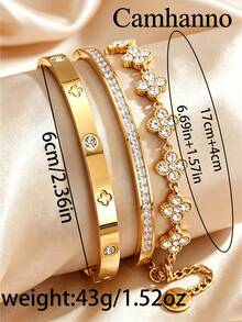 Camhanno 3pcs/1pc Luxury Three-Color Zirconia Four-Leaf Clover Bracelet & Bangle Set, 18K Gold Plated Stainless Steel, Hypoallergenic, Non-Fading, Waterproof, Rust-Resistant Women's Accessories - Gold 1 - View 3