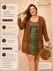 Women's Plus Size Knit Cardigan With Braids, Warm Winter Coat, Long Sleeves With Pocket, English Knit - Black - View 4