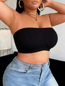 1PC,EssElegance,Plus Size Solid Ribbed Strapless Tube Top,Breathable High Elastic Anti-Slip Seamless Wire-Free Bandeau Bra For Women Daily Layering - Black - View 4