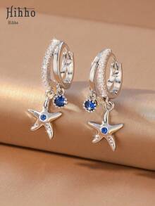Hihho 1 Pair Ocean Vacation Style Charming Fashion Starfish Earrings, Royal Blue Zirconia Embellished, Versatile Women's Jewelry Ear Accessories Suitable For Daily, Party, Outing, Holiday Decoration Gift - Starfish - View 5