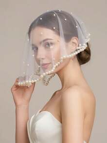 Blush Veil Short Pearl Blush Full Face Bridal Veil - Multicolor - View 7