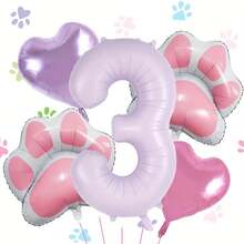 40-Inch Cream Purple Number (1-9) Aluminum Foil Balloons Set For Pet Themed Birthday Parties, Including Pink Paw-Shaped Heart Balloons, 1 Roll Of Purple Ribbons, And Inflation Straws For Pet Theme Dog Birthday Party Balloons Decorations Supplies - Purple - View 5