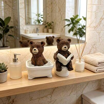 Statua divertente di orso in resina, orso seduto sul water e nella vasca da bagno che legge un libro, decorazione bagno originale, accessorio per la casa, regalo scherzoso unico per amici