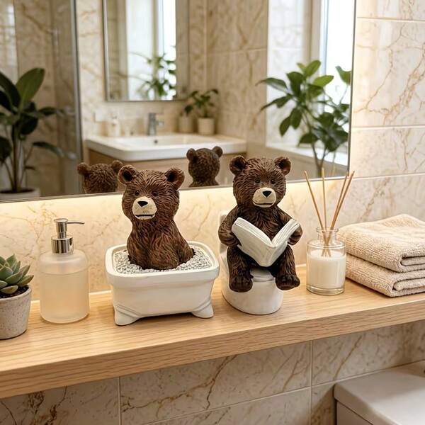 Funny Bear Resin Figurine, Bear Statue Sitting On Toilet And Bathtub Reading Book, Novel Bathroom Decor Home Accessory, Unique Gag Gift For Friends