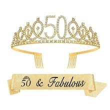 2 Buah/Set Mahkota & Selempang Berlian Imitasi Emas Mawar, Bando Sisir Ulang Tahun, Hadiah Dekorasi Pesta untuk Wanita Usia 18/21/30/40/50/60/70/80 Tahun, Aksesoris Pesta - Emas - View 17