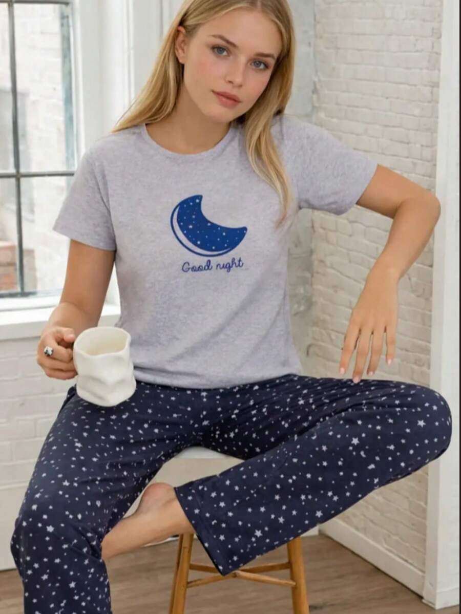 Kadın baskılı pıjama altı ve tshirt - 淺灰色 - 查看 1
