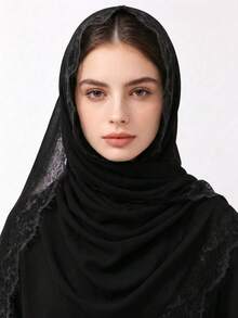 1pc Solid Color Chiffon Women's Headscarf, Fashion New Style Lace Eyelash Trim Decor - Multicolor - View 5