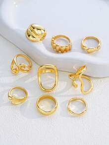 9pcs/Set Fashion Premium Versatile Men's Rings Geometric Asymmetrical Double Layer Water Drop Ring Set High-End Fashion Hand Jewelry Accessories - Yellow Gold - View 3